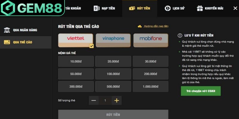 Rút Tiền Gem88 - Hướng Dẫn Các Bước & Xử Lý Sự Cố Giao dịch bằng thẻ cào tiện lợi không gặp trở ngại